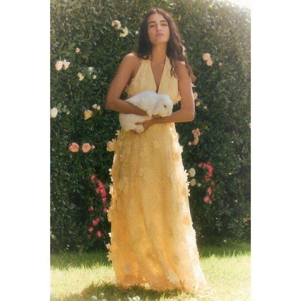 Lulus Kennia Light Yellow 3d Floral Embroidered Halter Maxi Dress - Size M